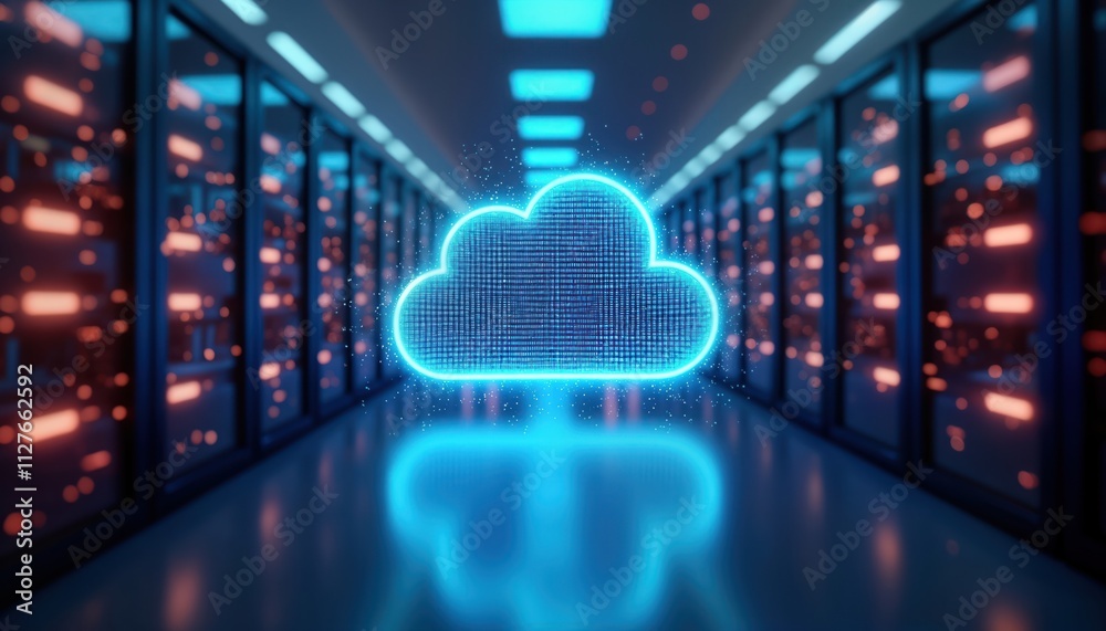 Poster Futuristic server room with neon lights. Cloud data storage system shown. Modern tech infrastructure. Large racks with servers. Digital cloud symbol glowing with blue light. Complex network