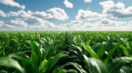 Fototapeta premium Lush Green Cornfield under Cloudy Sky