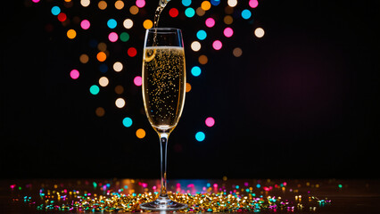 Happy New Year background , Burning sparkler with bokeh, light background , champagne, glasses