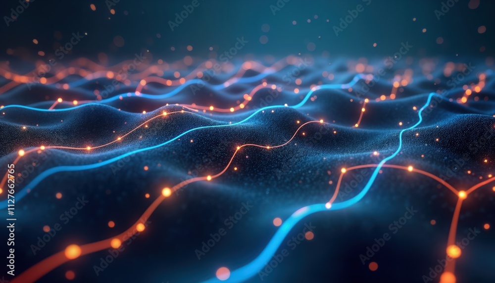 Poster Abstract illustration shows glowing lines, points create dynamic pattern resembling network data flow. Lines, points bright colors like orange, blue against dark background. Image implies