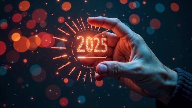 Hand touch loading status bar will change to 2025 for Merry Christmas and Happy New Year countdown by technology concept, start new business and new life. Business greeting card, holiday advertising