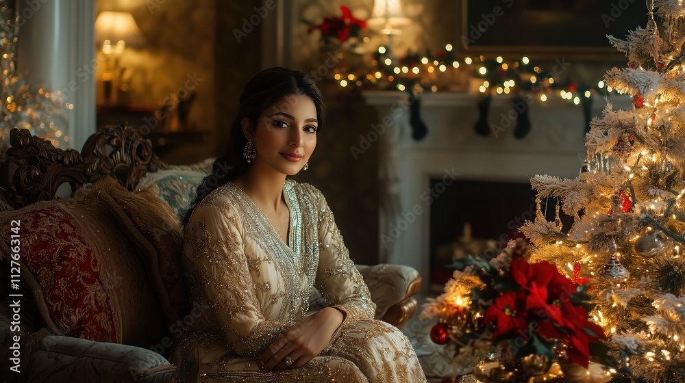 Wall mural Elegant Woman in a Festive Christmas Setting