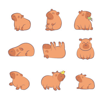 Set of cute little capybaras.