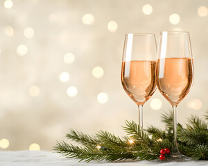 Celebrate season with two elegant glasses of rose gold sparkling wine, surrounded by festive greenery and soft bokeh lights