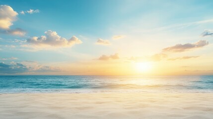 Fototapeta premium A serene beach scene at sunset featuring golden sand and gentle waves, perfect for travel blogs, relaxation themes, or nature-related projects, This image evokes tranquility and beauty,