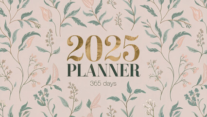 2025 Planner cover with golden typography, delicate floral patterns, and pastel tones for an elegant and stylish design