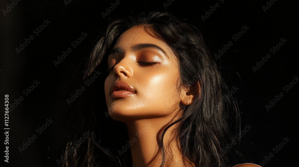 Poster a serene woman captivates attention with her delicate features, illuminated by soft light, evoking f