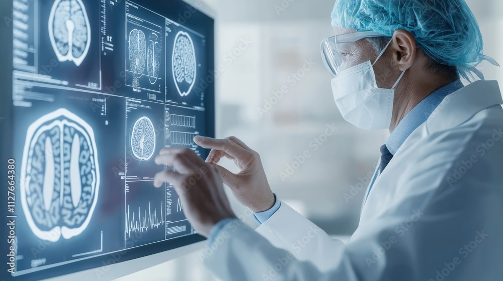 Aufkleber doctor examines patient brain data on large futuristic touch screen. high-tech medical tech interfac