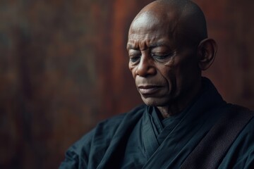 Monk in meditation in ethereal natural light, serene expression , with copy space