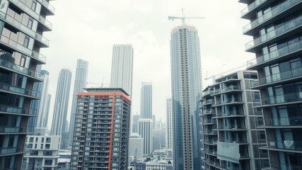 Obraz premium Modern apartment building with clean lines and large windows, surrounded by blueprints, blueprint rolls, apartment