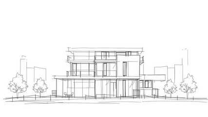 Modern apartment building with sleek design and blueprint plans on a desk, floor plans, modernization