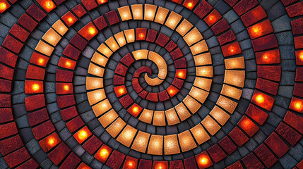 Intricate red and gold mosaic pattern with spiral design and textures