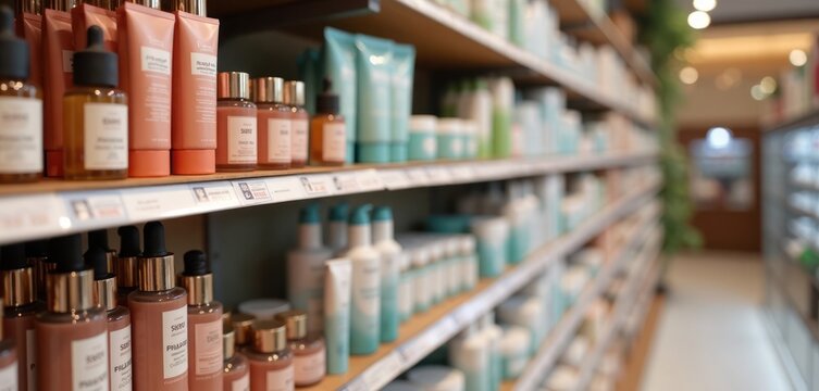 Store shelves display skincare, beauty products. Rows of colorful containers, bottles stand neatly organized. Different types of lotions creams, oils fill shelves in organized way. Image shows