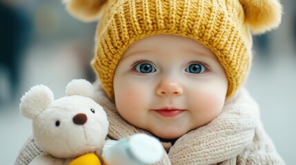 A cute baby wearing a cozy yellow hat and scarf, holding a small teddy bear, captures innocence and warmth, This image is perfect for family-related content, parenting articles