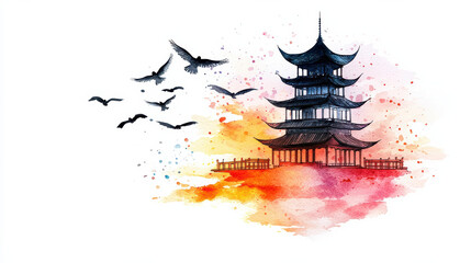 Obraz premium beautiful pagoda silhouette with birds flying at sunset