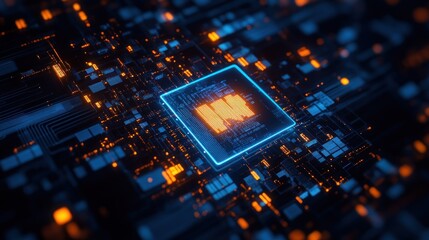 Obraz premium Circuit Board with glowing blue and orange lights