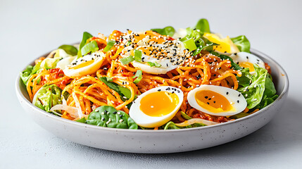 Delicious Korean bibim guksu, cold spicy noodle dish topped with eggs, greens, and sesame seeds, perfect for refreshing meal