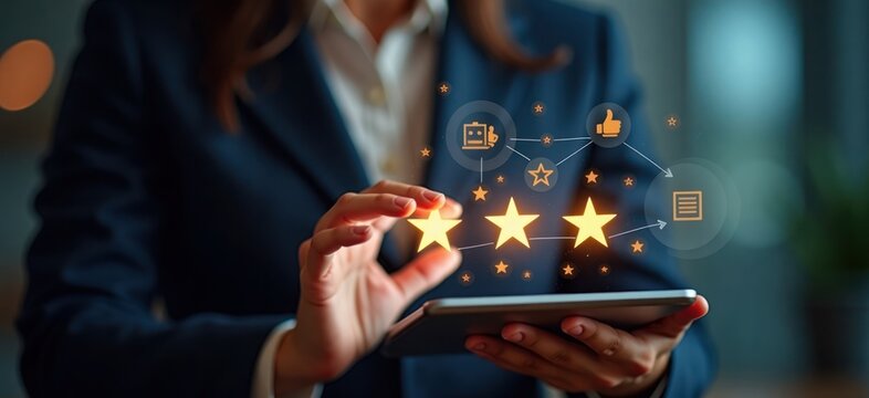 Business person reviews customer feedback data on tablet. Analyzing reviews to improve service quality. Focus on boosting customer loyalty. Business pro improves service based on feedback. Tech