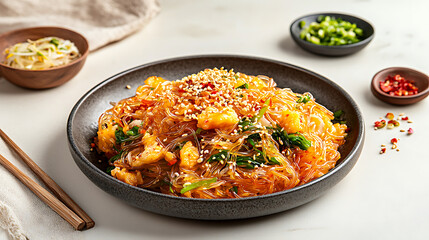 Delicious Korean japchae stir fried glass noodles with vegetables and shrimp, garnished with sesame seeds and chili flakes