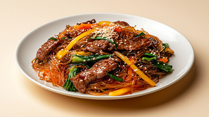Delicious Korean japchae with stir fried glass noodles, vegetables, and beef, garnished with sesame seeds, perfect for any meal