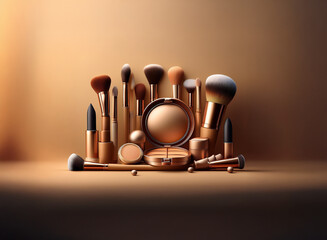 A collection of golden-toned makeup brushes and cosmetics arranged artfully against a beige backdrop.  The scene is subtly lit, highlighting the luxurious textures.