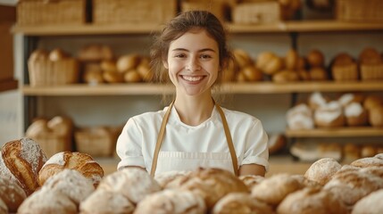 Attractive young French woman smiles working in bakery shop. Wears white uniform apron, stands behind display of fresh bread, pastries. Bakery setting evident with shelves full of various breads,