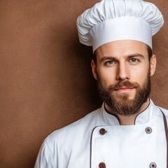 A professional chef with a neatly groomed beard and a white chef hat poses against a warm brown background, conveying confidence and expertise, Ideal for culinary articles or cooking websites,