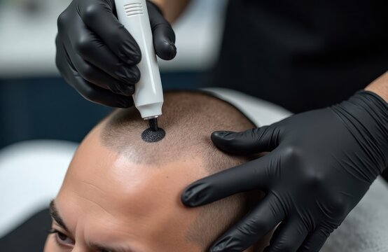 Man undergoing scalp micropigmentation procedure. Pro applying cosmetic tattooing device to bald scalp. Close-up view of treatment session. Hair loss solution. Scalp care. Medical cosmetic procedure.