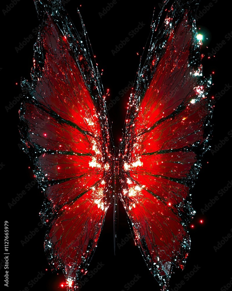 Poster enchanting red and black butterfly with sparkling details illuminated against the dark backdrop