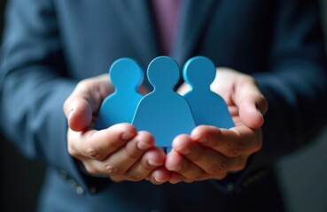 Businessman gently holds small blue figures team. Care, protection of workforce highlighted. Image represents employee value. Business leader safeguards team. Strong image shows business valuing