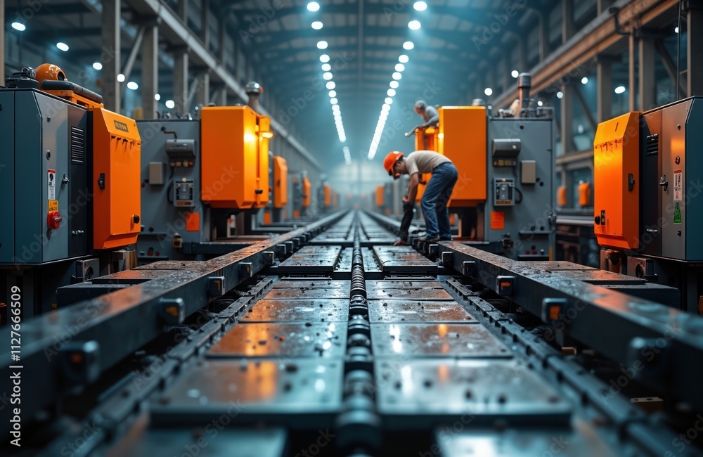 Aufkleber metal processing facility shows automated manufacturing line. workers maintain metal parts on moving