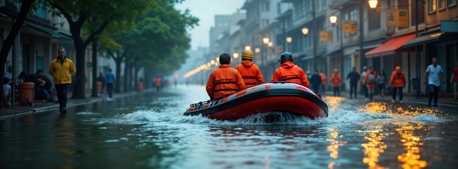 Rescue team in orange uniform, safety equipment evacuates people from flooded city street. Urban area submerged in water. People walk on flooded streets. Emergency response. Rescue boat carries