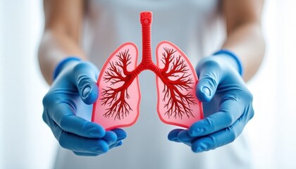 Physiotherapist displays model lungs to patient. Medical pro explains lung anatomy. Medical education. Person in medical gloves demonstrates lung functions. Health care. Training for lung exercises.