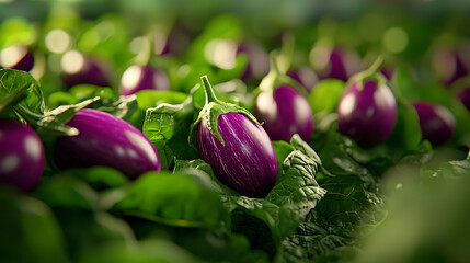 Obraz premium Purple eggplants growing among lush green leaves in vibrant garden. low angle shot captures beauty and freshness of vegetables