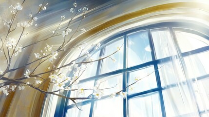 Vibrant Spring Sunlight Illuminating White Flowers by a Window With a Blue Sky Backdrop