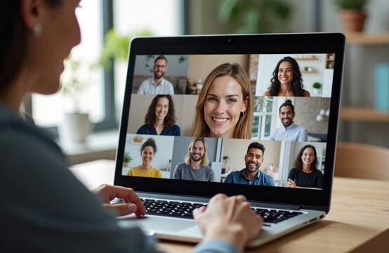 Smiling colleagues participate in virtual meeting from home office. Diverse group engages in online video conference. Positive atmosphere in remote work environment. Modern tech usage. Home office