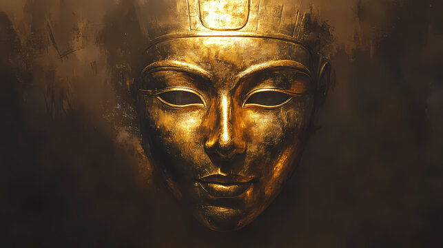 An iconic golden mask from ancient egypt, full of cultural richness and artistic mastery, evokes a sense of timeless mystery and historical prestige under gilded light. Gilded. Illustration