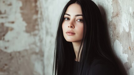 Fototapeta premium Young Woman With Long Black Hair Against A Wall