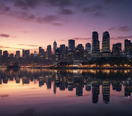 Twilight skyline reflected on glassy waterfront, waterfront, glassy, reflection, buildings, cityscape