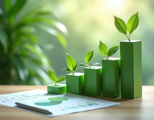 Green investment charts with fresh leaves illustrate sustainable growth. Financial documents, eco friendly plants show eco investment strategy. Graph progress shows sustainable economic development.