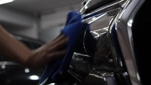 Polishing car headlight during detailing services 4k video. Process of car valeting. Wiping car body using a microfiber cloth.