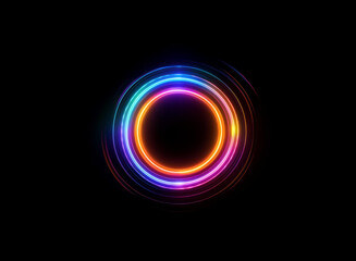 Vibrant, concentric neon circles glow brightly against a stark black background.  The rings exhibit a spectrum of colors, creating a mesmerizing effect.