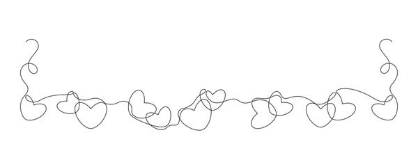 Border of hearts drawn in continuous line in minimalism, symbol of love and romance, wedding and Valentine Day, one line, copy space, editable vector contour