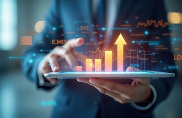 Businessperson holding tablet showing growing bar graph, rising arrow. Digital graphic overlays demonstrate cost reduction. Tech solutions for efficient cost saving. Business improvement concept.