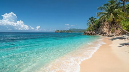 Fototapeta premium Idyllic tropical beach with turquoise water, white sand, and palm trees under a sunny sky.