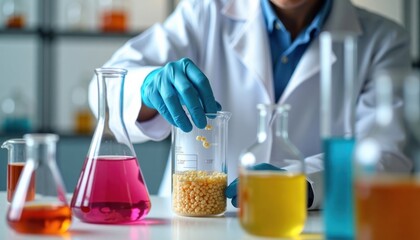Scientist in lab coat experiments with polymers in beakers. Hand in blue gloves handles small polymer granules. Colored liquids in various flasks. Modern lab setting. Polymer research in progress.