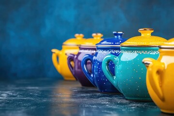 Colorful Ceramic Pots on Dark Blue Background