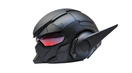 Obraz premium A futuristic black helmet with red visor, designed for advanced technology or robotics isolated on a white background, png transparent