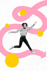 Artwork magazine collage picture of excited lady walking arrow showing route isolated white color background