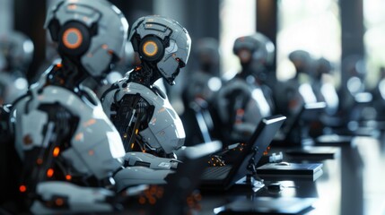 Fototapeta premium Robots at desks symbolize automated customer support in digital transformation.